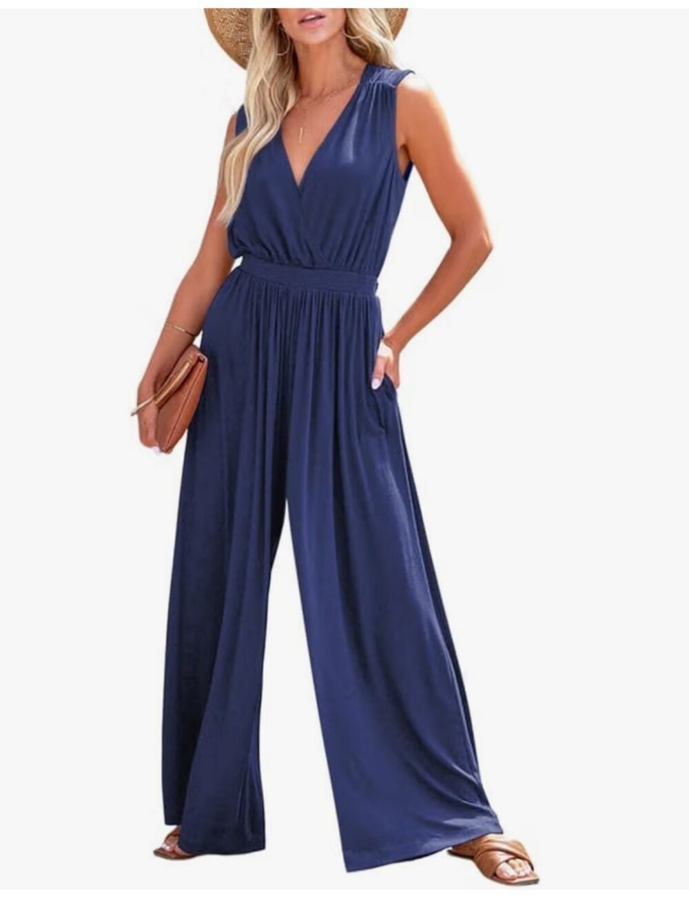 NWT Sleeveless V Neck Jumpsuit in Navy With Relaxed Wide Leg